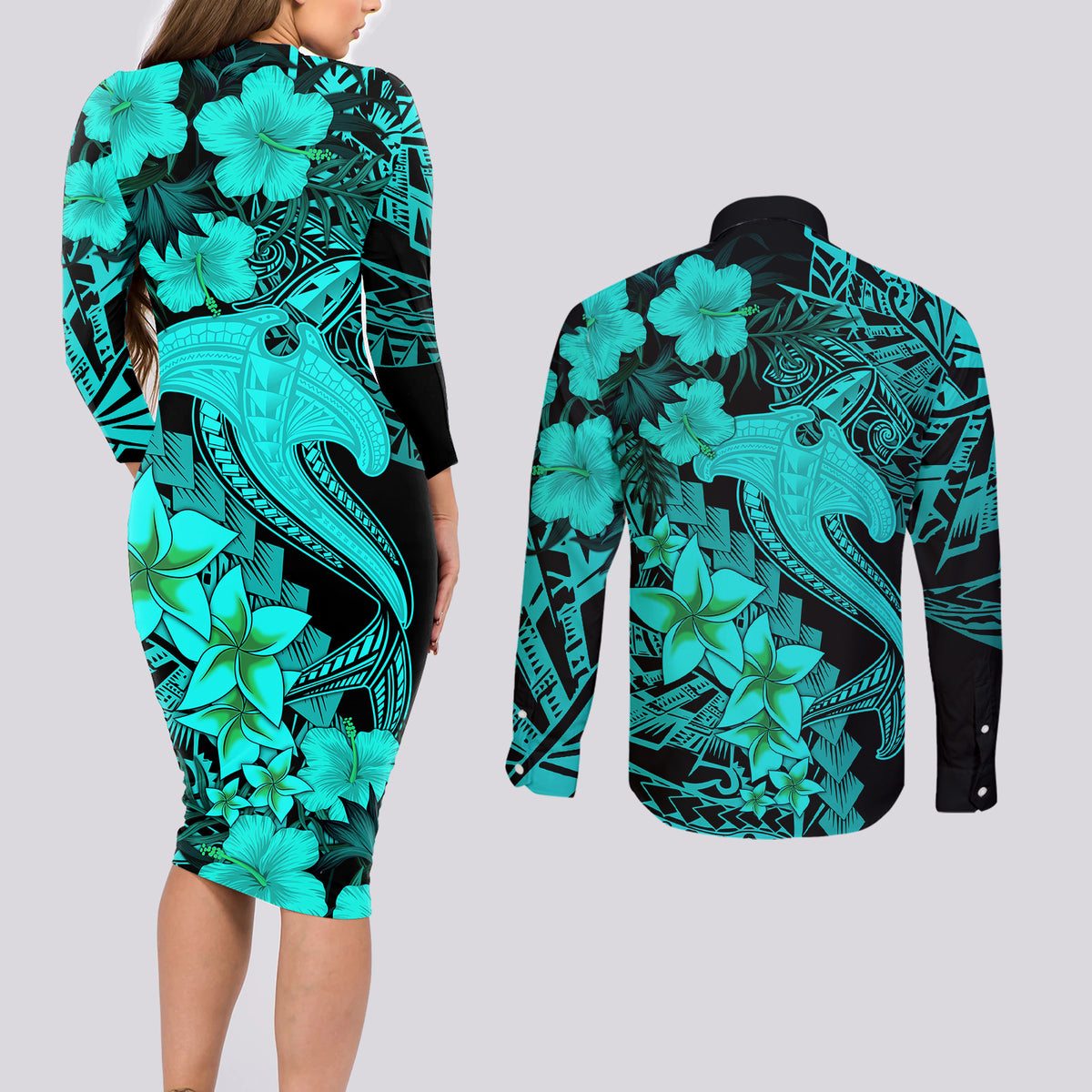 Aloha Hawaii Couples Matching Long Sleeve Bodycon Dress and Long Sleeve Button Shirts Hammerhead Shark Tattoo Polynesian Summer - Turquoise LT9 - Polynesian Pride