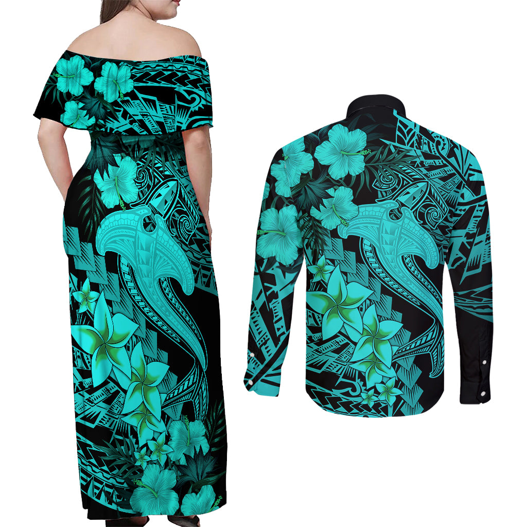 Aloha Hawaii Couples Matching Off Shoulder Maxi Dress and Long Sleeve Button Shirts Hammerhead Shark Tattoo Polynesian Summer - Turquoise LT9 - Polynesian Pride