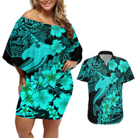 Aloha Hawaii Couples Matching Off Shoulder Short Dress and Hawaiian Shirt Hammerhead Shark Tattoo Polynesian Summer - Turquoise LT9 Turquoise - Polynesian Pride