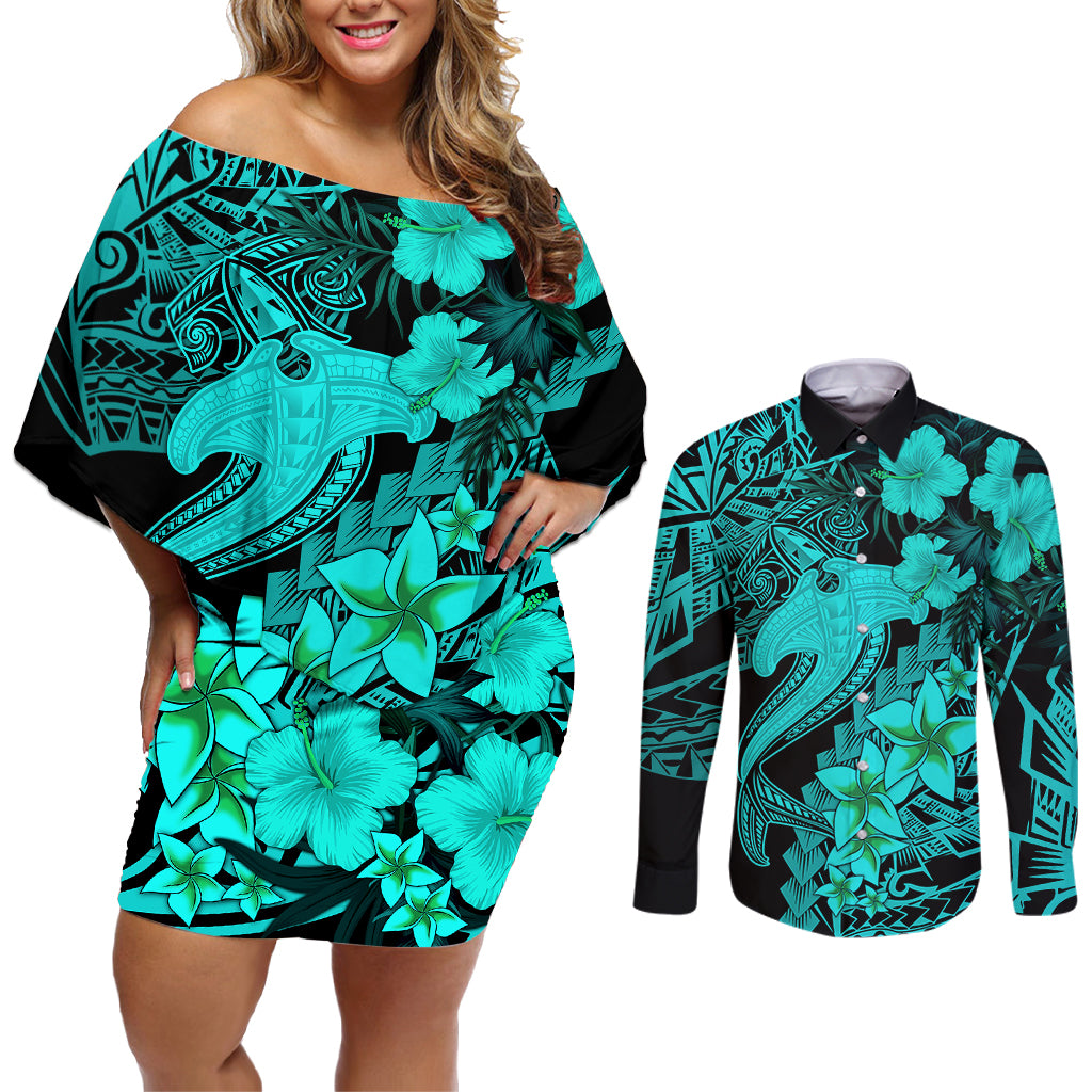 Aloha Hawaii Couples Matching Off Shoulder Short Dress and Long Sleeve Button Shirts Hammerhead Shark Tattoo Polynesian Summer - Turquoise LT9 Turquoise - Polynesian Pride