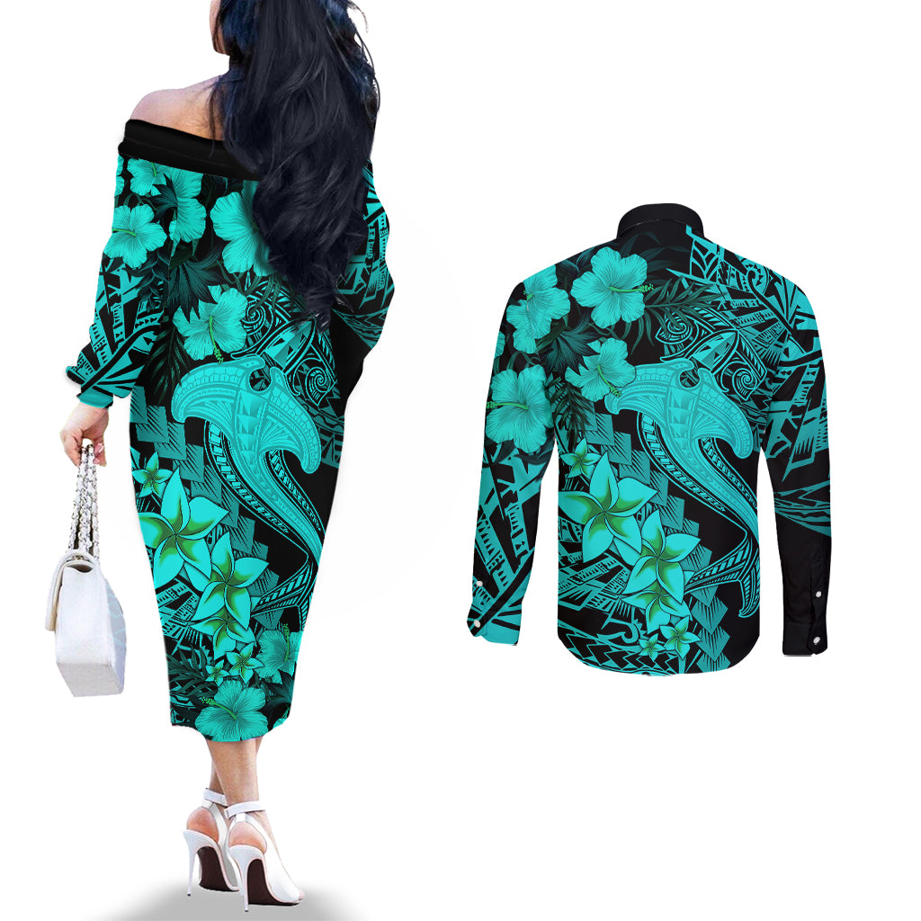 Aloha Hawaii Couples Matching Off The Shoulder Long Sleeve Dress and Long Sleeve Button Shirts Hammerhead Shark Tattoo Polynesian Summer - Turquoise LT9 - Polynesian Pride