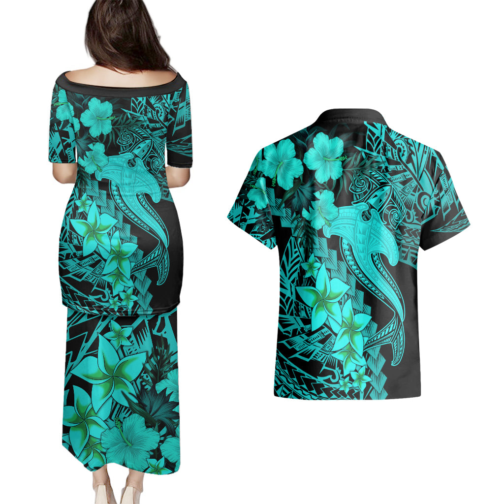 Aloha Hawaii Couples Matching Puletasi Dress and Hawaiian Shirt Hammerhead Shark Tattoo Polynesian Summer - Turquoise LT9 - Polynesian Pride
