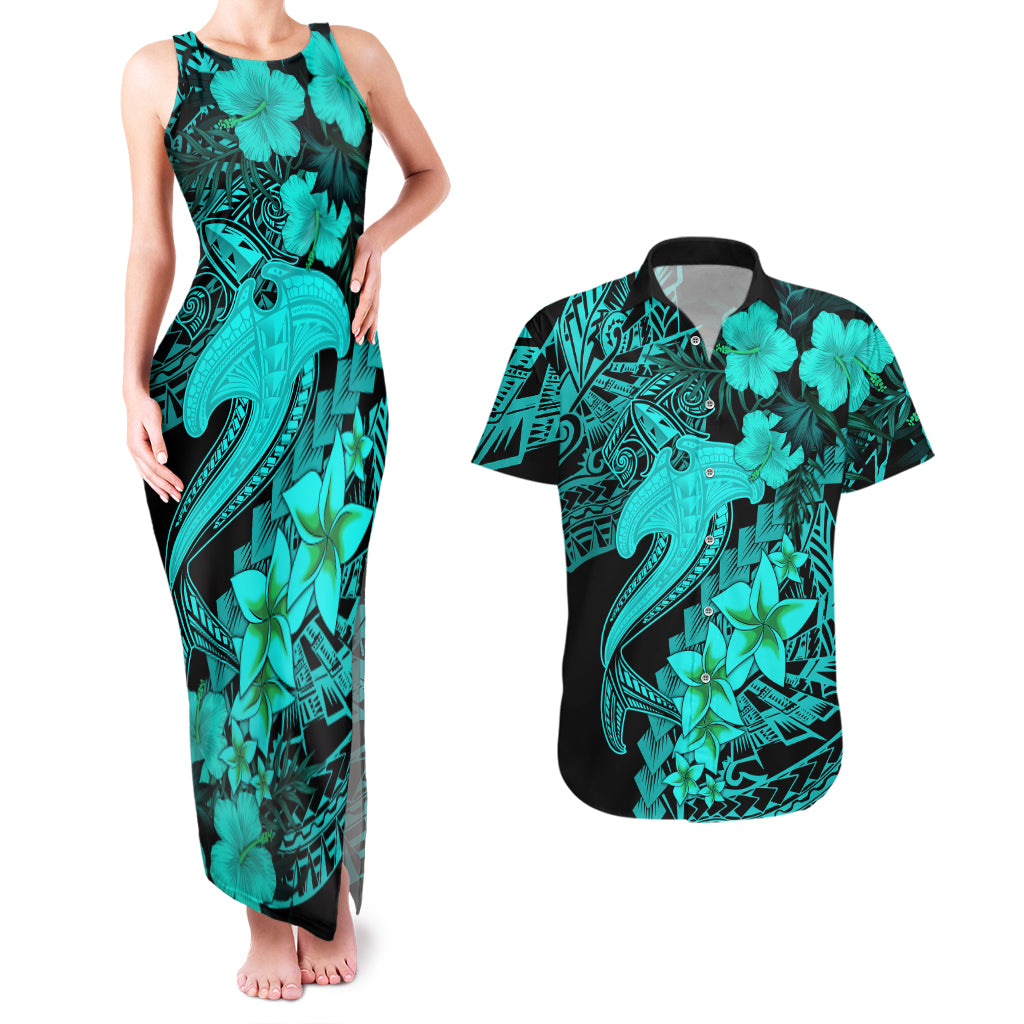 Aloha Hawaii Couples Matching Tank Maxi Dress And Hawaiian Shirt Hammerhead Shark Tattoo Polynesian Summer - Turquoise LT9 Turquoise - Polynesian Pride