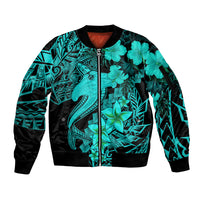 Aloha Hawaii Sleeve Zip Bomber Jacket Hammerhead Shark Tattoo Polynesian Summer - Turquoise LT9 Unisex Turquoise - Polynesian Pride