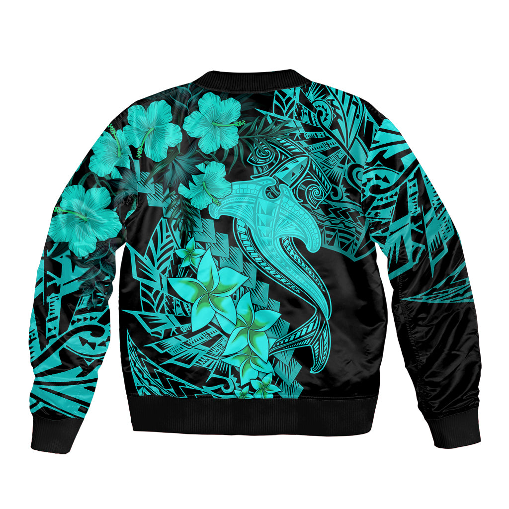 Aloha Hawaii Sleeve Zip Bomber Jacket Hammerhead Shark Tattoo Polynesian Summer - Turquoise LT9 - Polynesian Pride