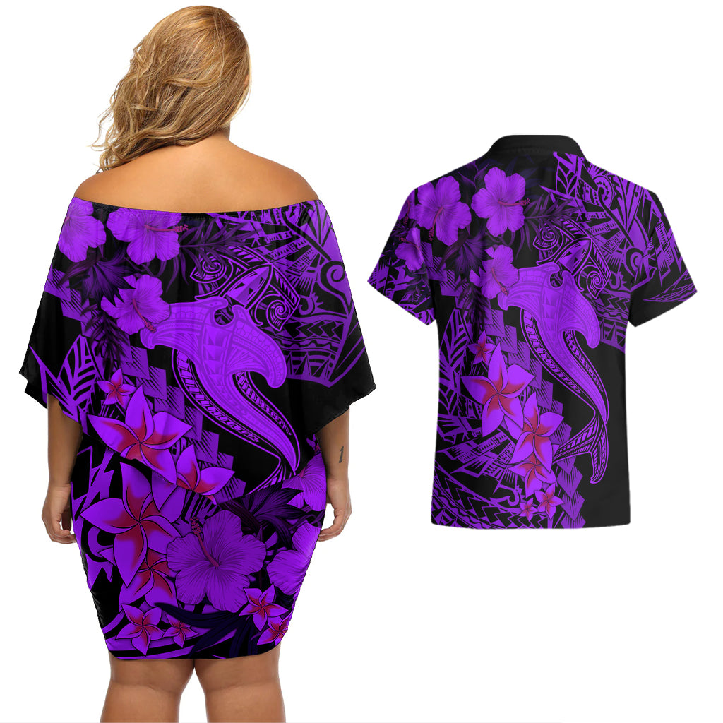Aloha Hawaii Couples Matching Off Shoulder Short Dress and Hawaiian Shirt Hammerhead Shark Tattoo Polynesian Summer - Violet LT9 - Polynesian Pride