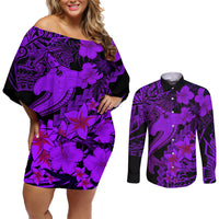 Aloha Hawaii Couples Matching Off Shoulder Short Dress and Long Sleeve Button Shirts Hammerhead Shark Tattoo Polynesian Summer - Violet LT9 Violet - Polynesian Pride