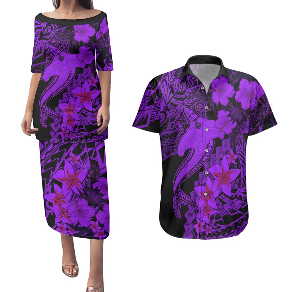 Aloha Hawaii Couples Matching Puletasi Dress and Hawaiian Shirt Hammerhead Shark Tattoo Polynesian Summer - Violet LT9 Violet - Polynesian Pride
