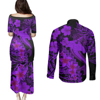 Aloha Hawaii Couples Matching Puletasi Dress and Long Sleeve Button Shirts Hammerhead Shark Tattoo Polynesian Summer - Violet LT9 - Polynesian Pride