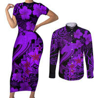 Aloha Hawaii Couples Matching Short Sleeve Bodycon Dress and Long Sleeve Button Shirts Hammerhead Shark Tattoo Polynesian Summer - Violet LT9 Violet - Polynesian Pride