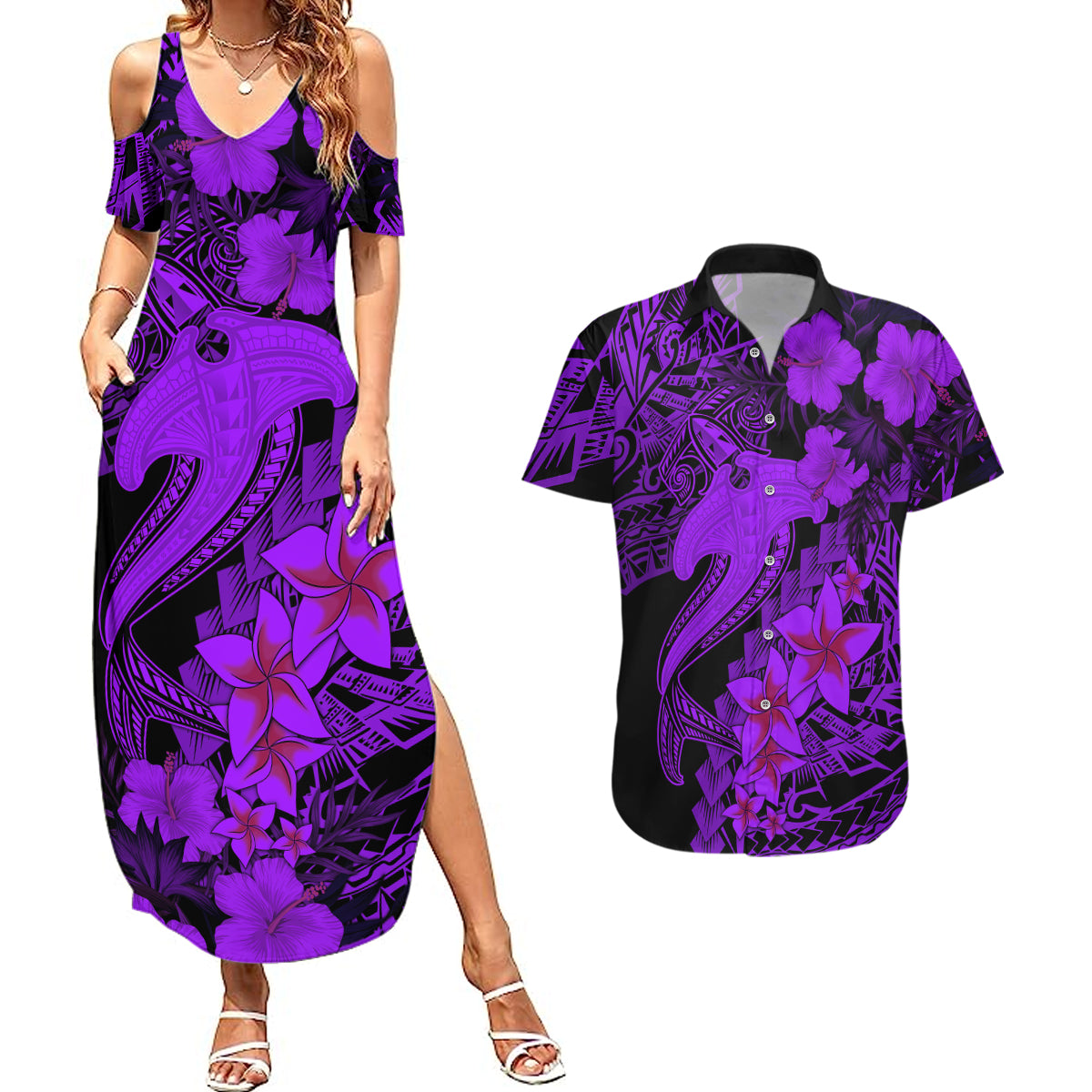 Aloha Hawaii Couples Matching Summer Maxi Dress and Hawaiian Shirt Hammerhead Shark Tattoo Polynesian Summer - Violet LT9 Violet - Polynesian Pride