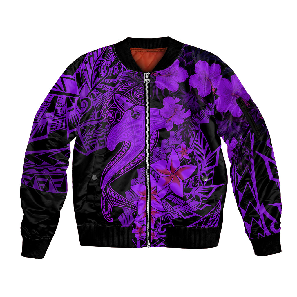 Aloha Hawaii Sleeve Zip Bomber Jacket Hammerhead Shark Tattoo Polynesian Summer - Violet LT9 Unisex Violet - Polynesian Pride