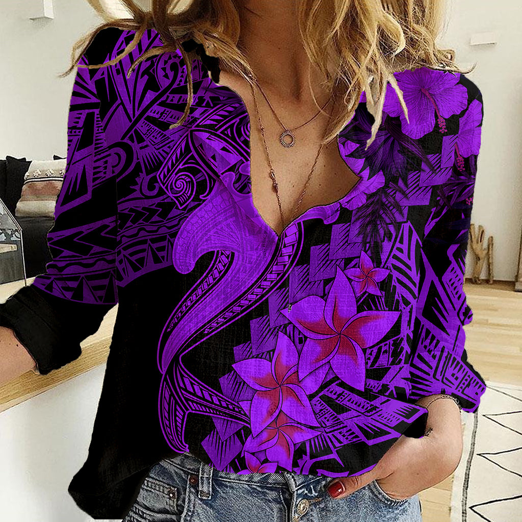 Aloha Hawaii Women Casual Shirt Hammerhead Shark Tattoo Polynesian Summer - Violet LT9 Female Violet - Polynesian Pride