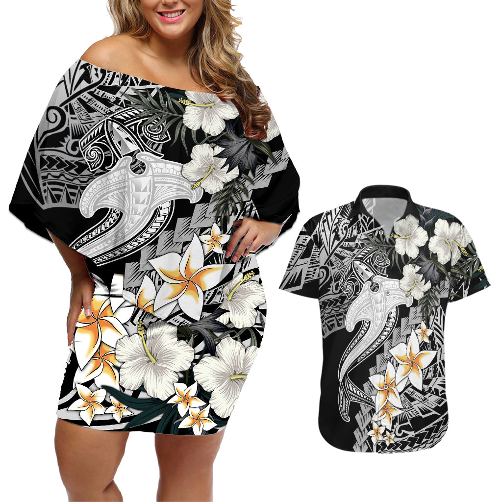 Aloha Hawaii Couples Matching Off Shoulder Short Dress and Hawaiian Shirt Hammerhead Shark Tattoo Polynesian Summer - White LT9 White - Polynesian Pride