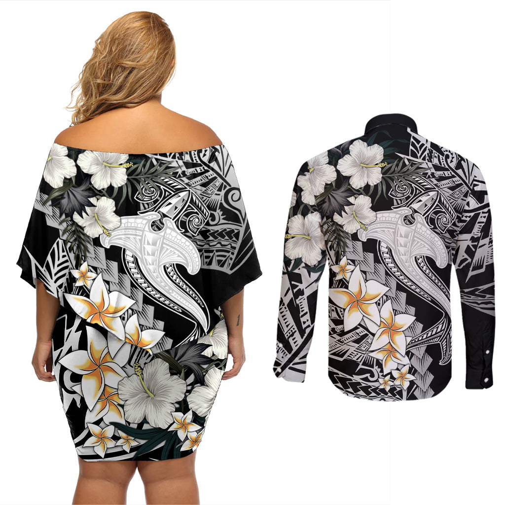 Aloha Hawaii Couples Matching Off Shoulder Short Dress and Long Sleeve Button Shirts Hammerhead Shark Tattoo Polynesian Summer - White LT9 - Polynesian Pride