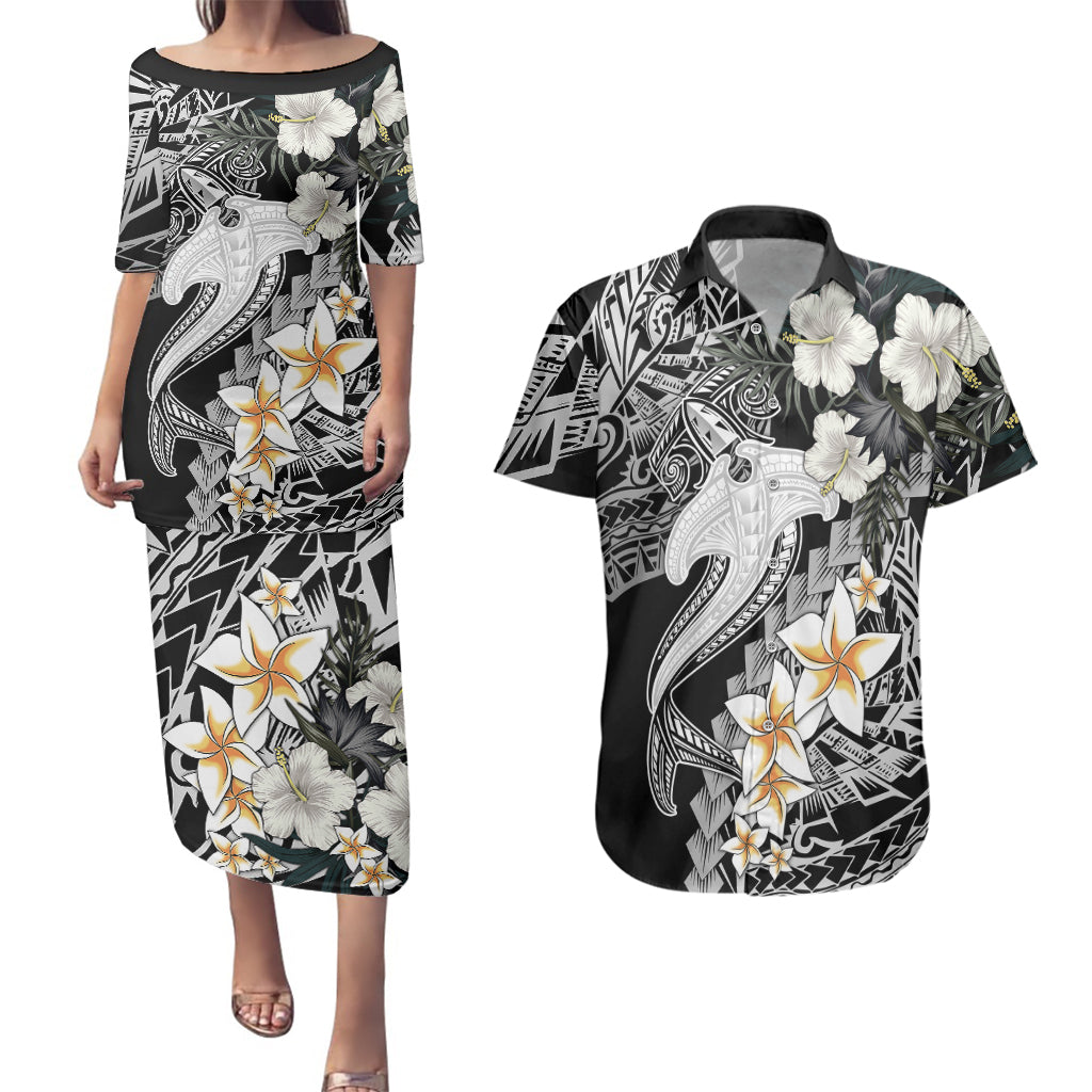 Aloha Hawaii Couples Matching Puletasi Dress and Hawaiian Shirt Hammerhead Shark Tattoo Polynesian Summer - White LT9 White - Polynesian Pride