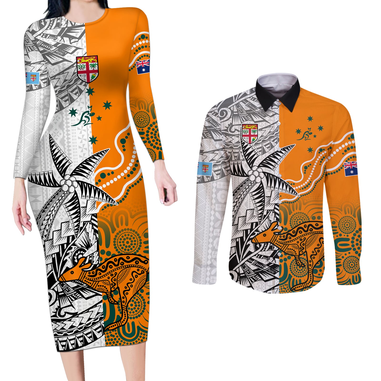 Fiji Australia Rugby Couples Matching Long Sleeve Bodycon Dress and Long Sleeve Button Shirts World Cup 2023 Polynesia Tapa Mixed Indigenous Aboriginal LT9 Gold - Polynesian Pride
