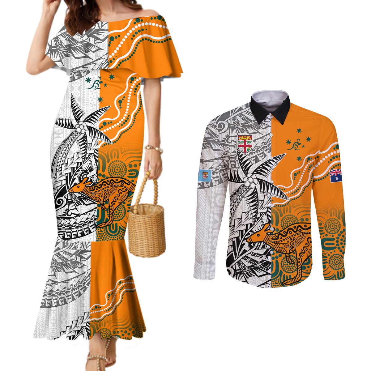 Fiji Australia Rugby Couples Matching Mermaid Dress and Long Sleeve Button Shirts World Cup 2023 Polynesia Tapa Mixed Indigenous Aboriginal LT9 Gold - Polynesian Pride