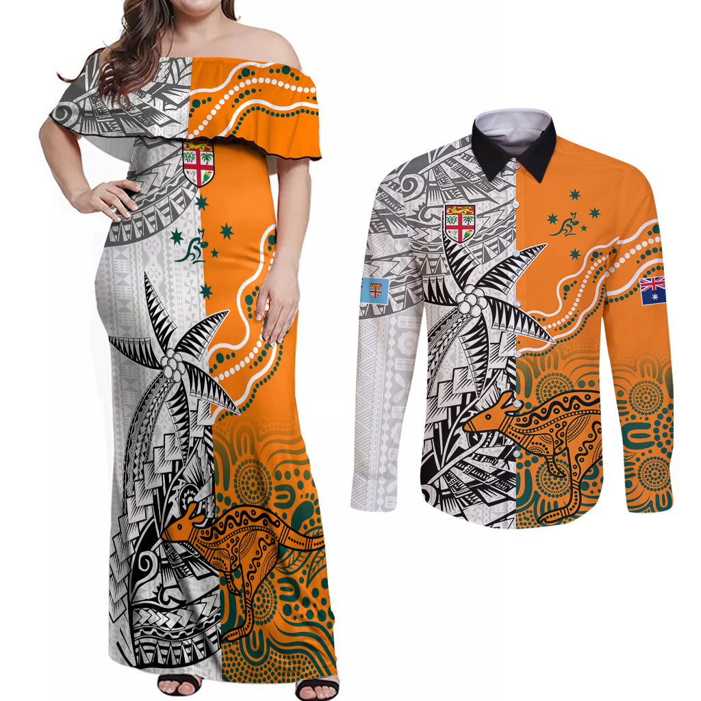 Fiji Australia Rugby Couples Matching Off Shoulder Maxi Dress and Long Sleeve Button Shirts World Cup 2023 Polynesia Tapa Mixed Indigenous Aboriginal LT9 Gold - Polynesian Pride