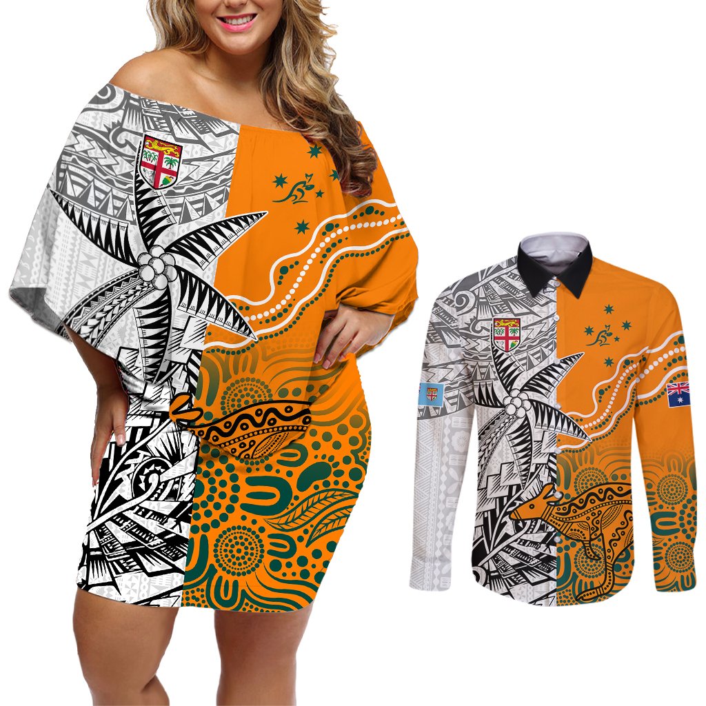Fiji Australia Rugby Couples Matching Off Shoulder Short Dress and Long Sleeve Button Shirts World Cup 2023 Polynesia Tapa Mixed Indigenous Aboriginal LT9 Gold - Polynesian Pride