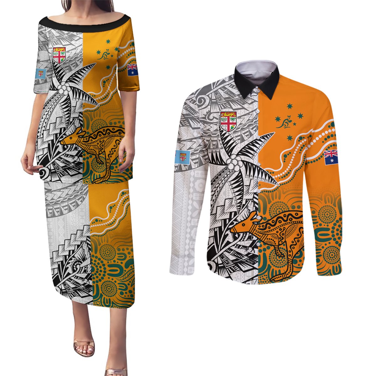 Fiji Australia Rugby Couples Matching Puletasi Dress and Long Sleeve Button Shirts World Cup 2023 Polynesia Tapa Mixed Indigenous Aboriginal LT9 Gold - Polynesian Pride