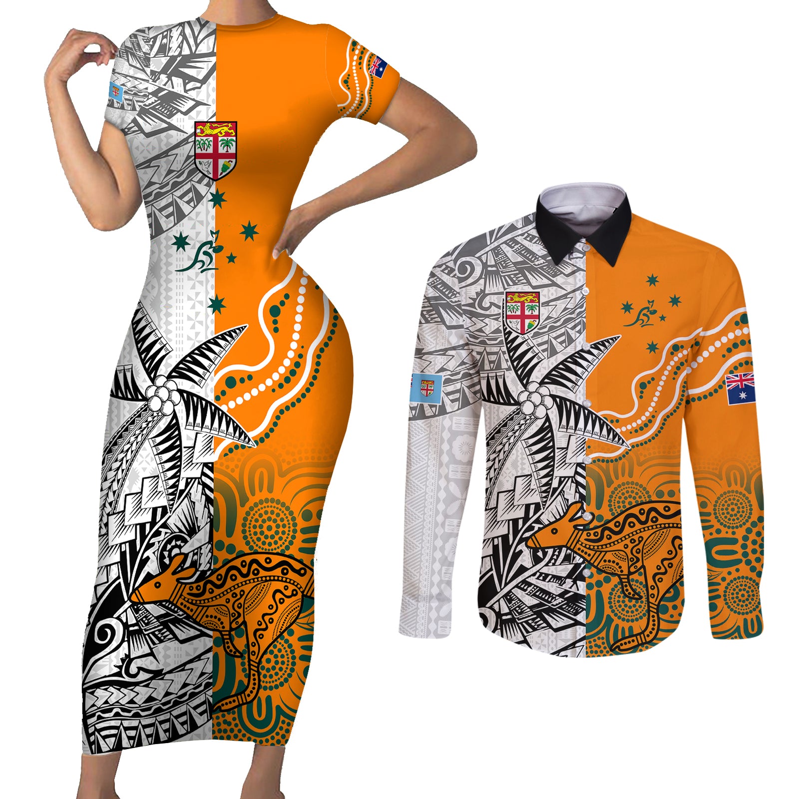 Fiji Australia Rugby Couples Matching Short Sleeve Bodycon Dress and Long Sleeve Button Shirts World Cup 2023 Polynesia Tapa Mixed Indigenous Aboriginal LT9 Gold - Polynesian Pride