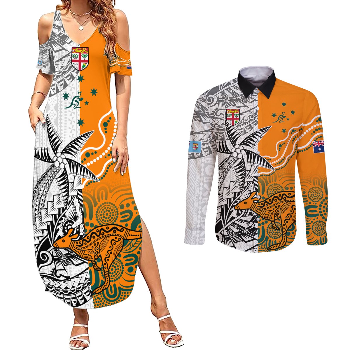 Fiji Australia Rugby Couples Matching Summer Maxi Dress and Long Sleeve Button Shirts World Cup 2023 Polynesia Tapa Mixed Indigenous Aboriginal LT9 Gold - Polynesian Pride