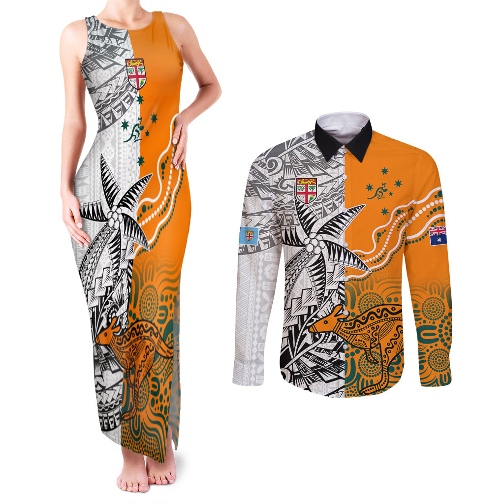 Fiji Australia Rugby Couples Matching Tank Maxi Dress and Long Sleeve Button Shirts World Cup 2023 Polynesia Tapa Mixed Indigenous Aboriginal LT9 Gold - Polynesian Pride