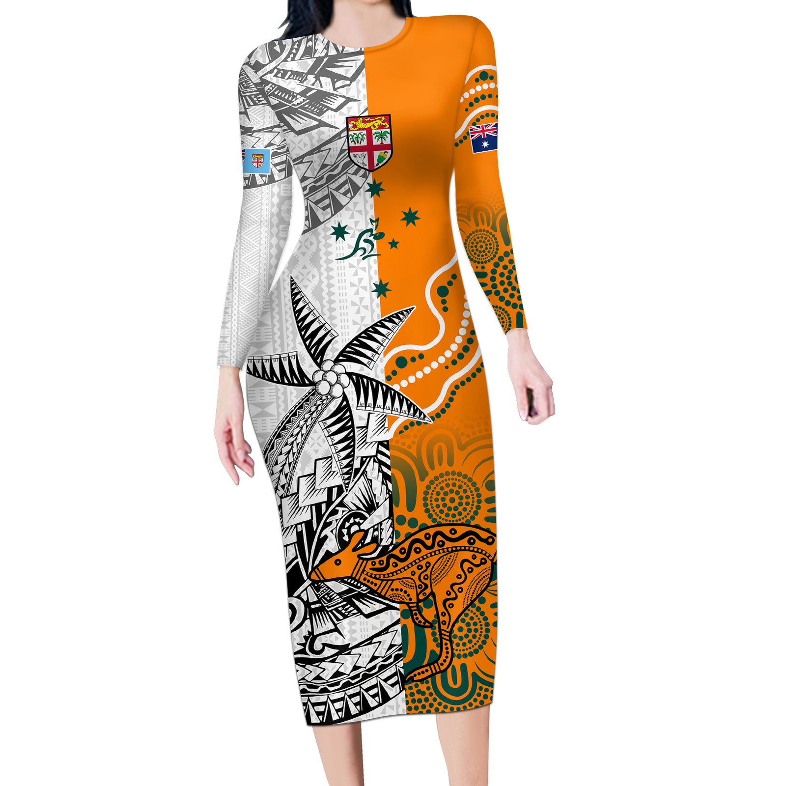 Fiji Australia Rugby Long Sleeve Bodycon Dress World Cup 2023 Polynesia Tapa Mixed Indigenous Aboriginal LT9 Long Dress Gold - Polynesian Pride