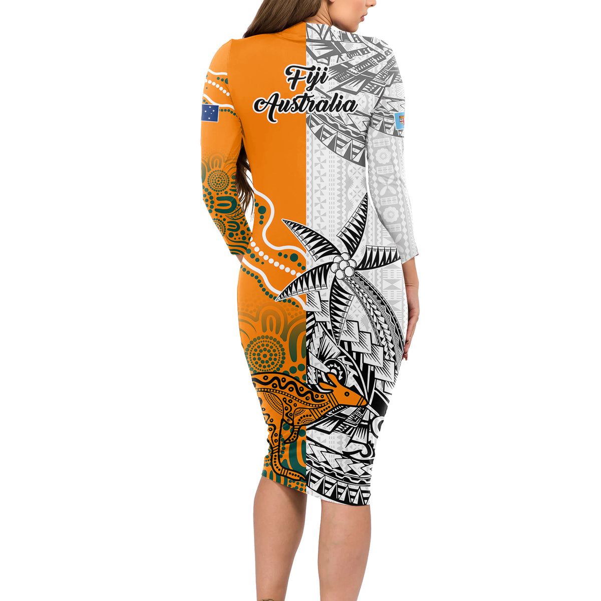 Fiji Australia Rugby Long Sleeve Bodycon Dress World Cup 2023 Polynesia Tapa Mixed Indigenous Aboriginal LT9 - Polynesian Pride