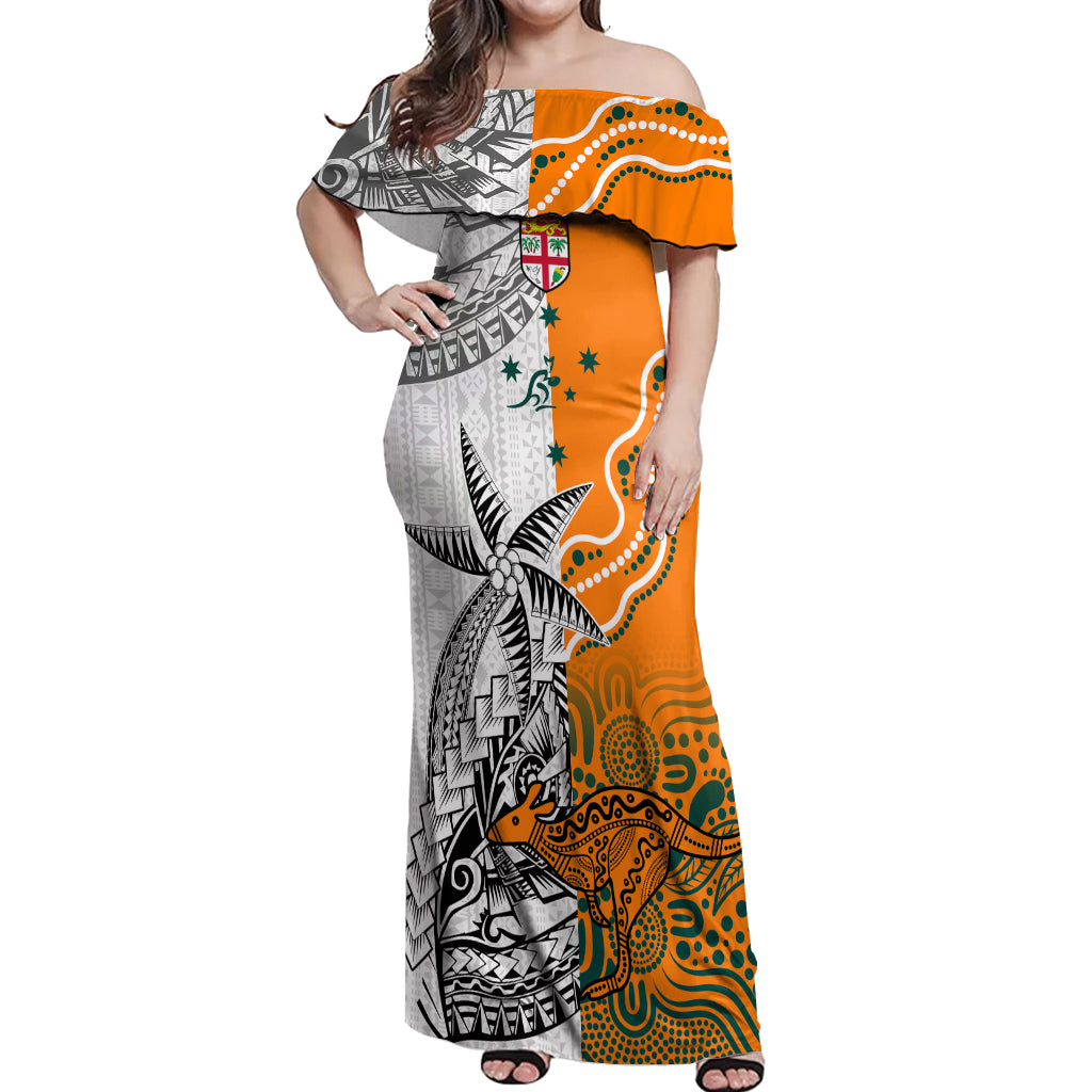 Fiji Australia Rugby Off Shoulder Maxi Dress World Cup 2023 Polynesia Tapa Mixed Indigenous Aboriginal LT9 Women Gold - Polynesian Pride