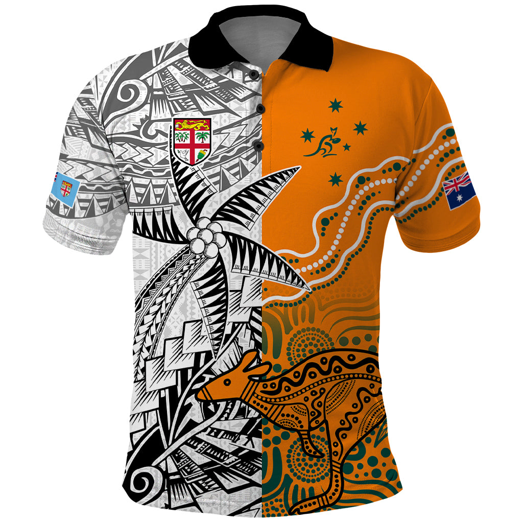 Fiji Australia Rugby Polo Shirt World Cup 2023 Polynesia Tapa Mixed Indigenous Aboriginal LT9 Gold - Polynesian Pride