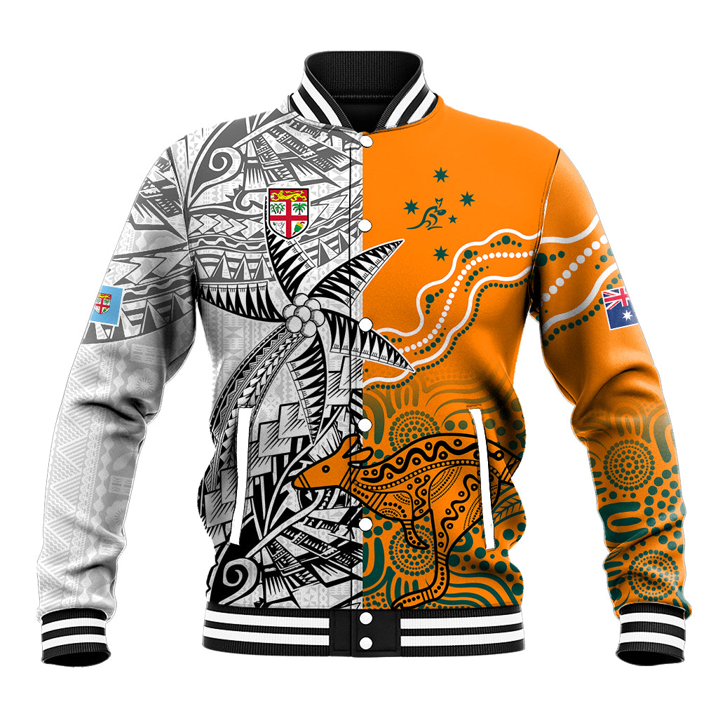 Personalised Fiji Australia Rugby Baseball Jacket World Cup 2023 Polynesia Tapa Mixed Indigenous Aboriginal LT9 Unisex Gold - Polynesian Pride