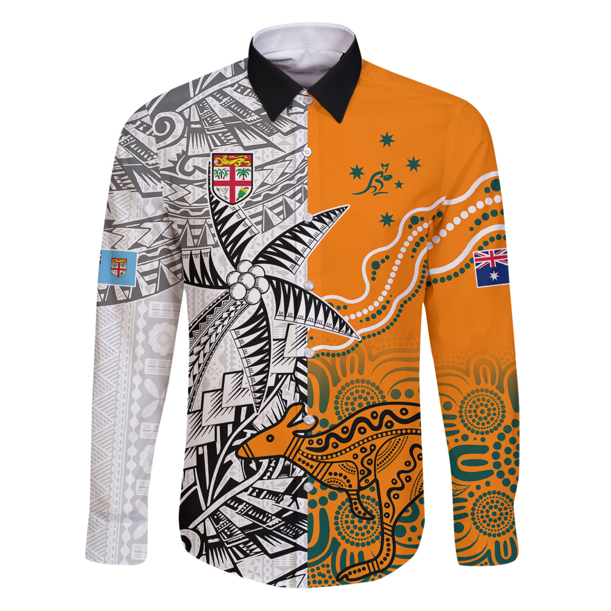 Personalised Fiji Australia Rugby Family Matching Puletasi Dress and Hawaiian Shirt World Cup 2023 Polynesia Tapa Mixed Indigenous Aboriginal LT9 Dad's Shirt - Long Sleeve Gold - Polynesian Pride