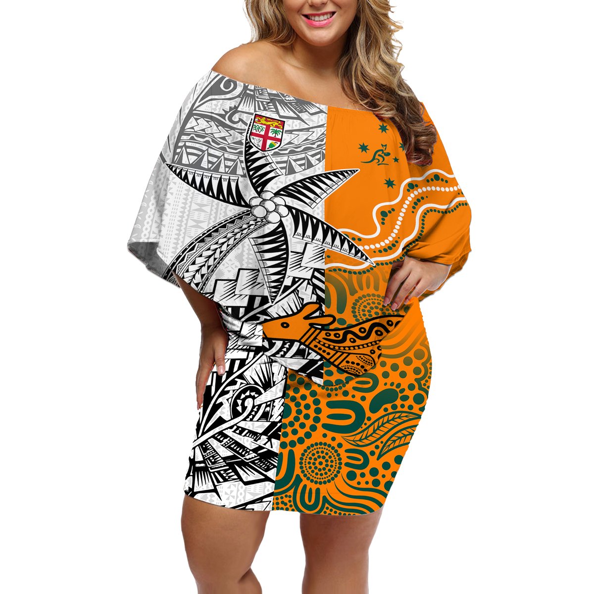 Personalised Fiji Australia Rugby Off Shoulder Short Dress World Cup 2023 Polynesia Tapa Mixed Indigenous Aboriginal LT9 Women Gold - Polynesian Pride