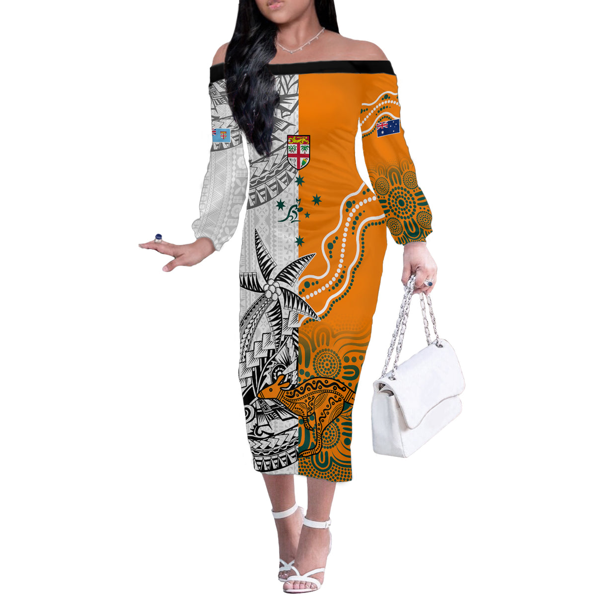 Personalised Fiji Australia Rugby Off The Shoulder Long Sleeve Dress World Cup 2023 Polynesia Tapa Mixed Indigenous Aboriginal LT9 Women Gold - Polynesian Pride