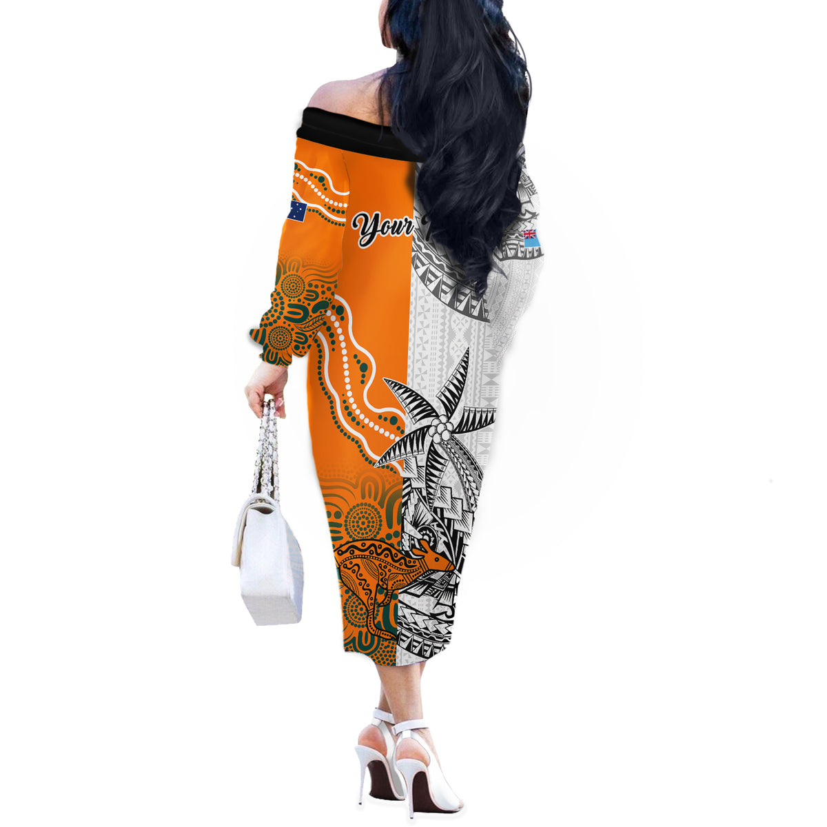 Personalised Fiji Australia Rugby Off The Shoulder Long Sleeve Dress World Cup 2023 Polynesia Tapa Mixed Indigenous Aboriginal LT9 - Polynesian Pride