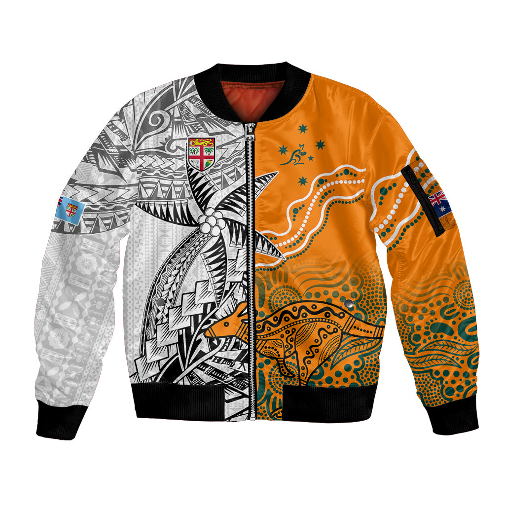 Personalised Fiji Australia Rugby Sleeve Zip Bomber Jacket World Cup 2023 Polynesia Tapa Mixed Indigenous Aboriginal LT9 Unisex Gold - Polynesian Pride