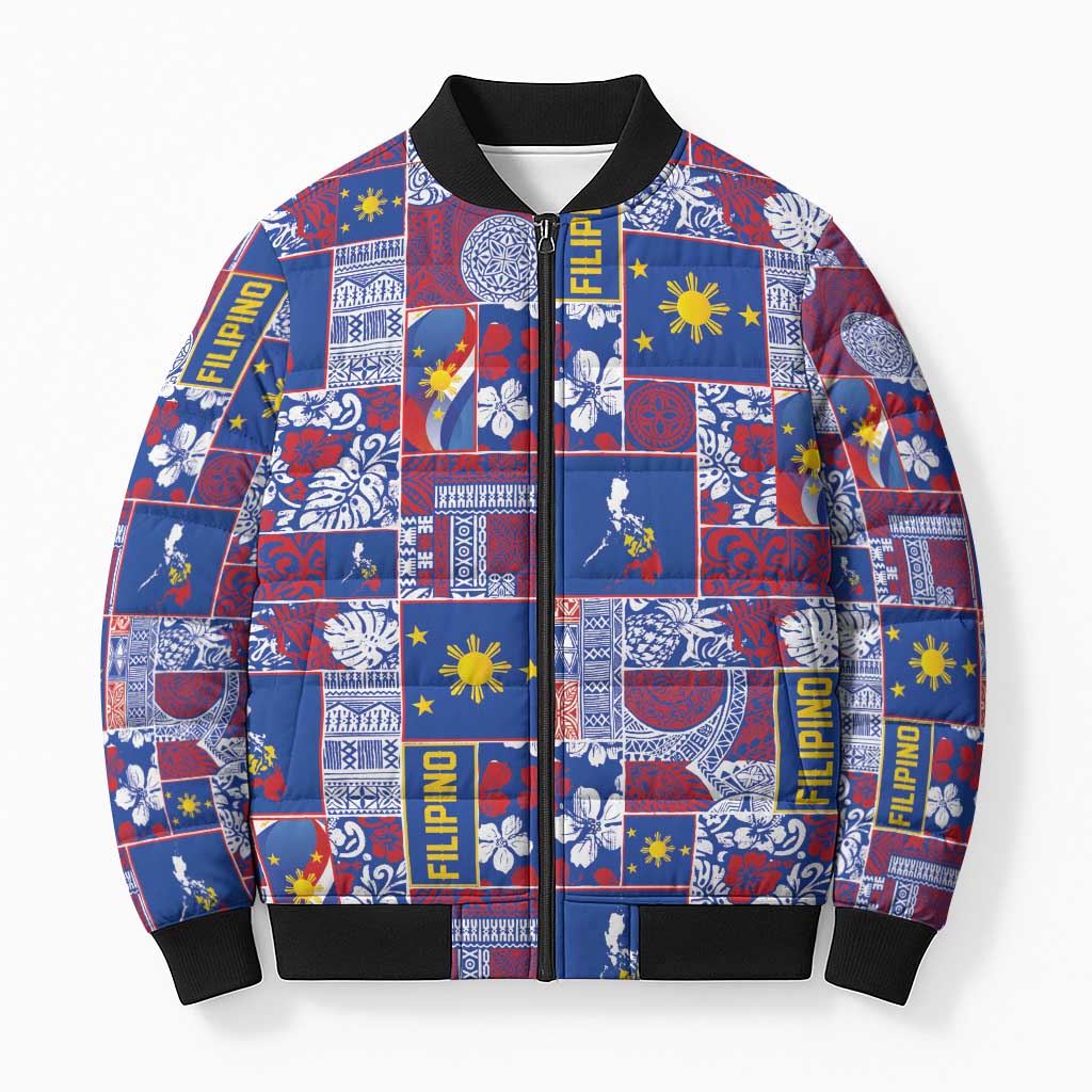 Filipino Maligayang Pasko Bomber Puffer Jacket Pacific Patchwork Xmas Vibes - Polynesian Pride