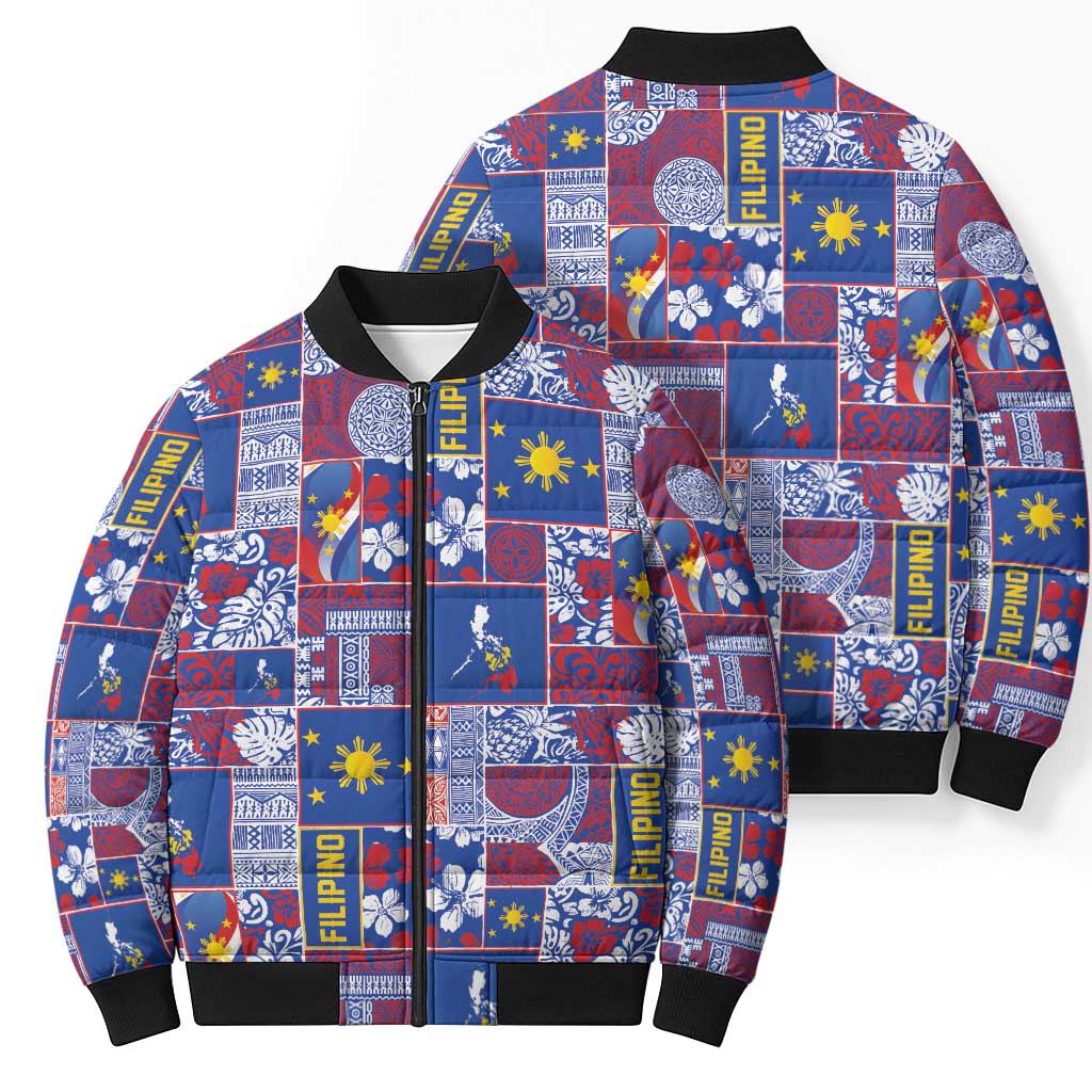 Filipino Maligayang Pasko Bomber Puffer Jacket Pacific Patchwork Xmas Vibes - Polynesian Pride