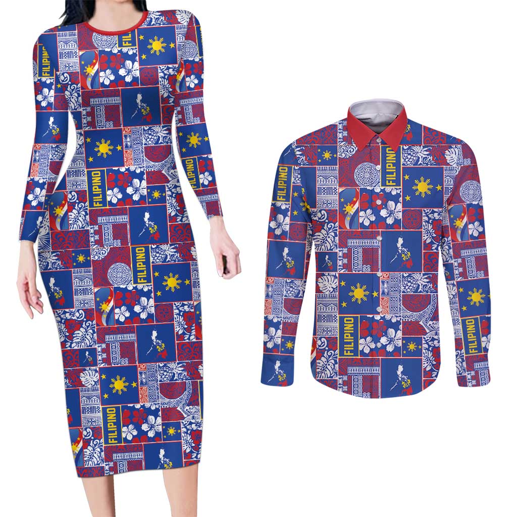 Filipino Maligayang Pasko Couples Matching Long Sleeve Bodycon Dress and Long Sleeve Button Shirt Pacific Patchwork Xmas Vibes - Polynesian Pride