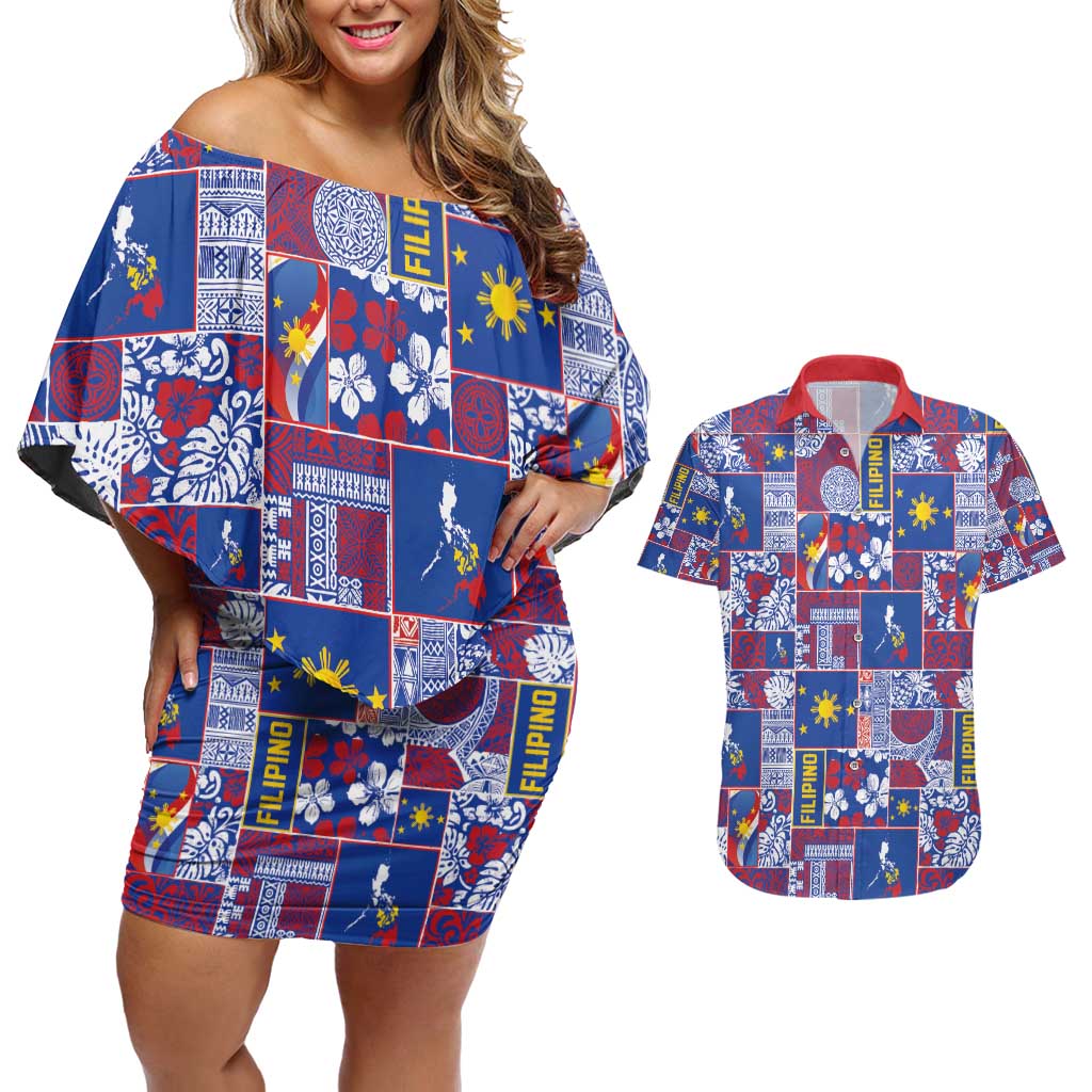 Filipino Maligayang Pasko Couples Matching Off Shoulder Short Dress and Hawaiian Shirt Pacific Patchwork Xmas Vibes - Polynesian Pride
