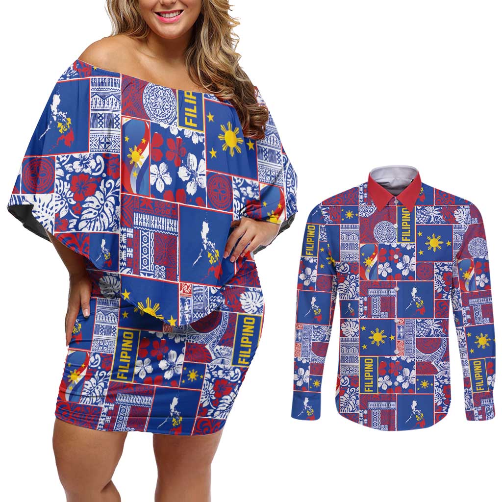 Filipino Maligayang Pasko Couples Matching Off Shoulder Short Dress and Long Sleeve Button Shirt Pacific Patchwork Xmas Vibes - Polynesian Pride