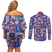 Filipino Maligayang Pasko Couples Matching Off Shoulder Short Dress and Long Sleeve Button Shirt Pacific Patchwork Xmas Vibes - Polynesian Pride