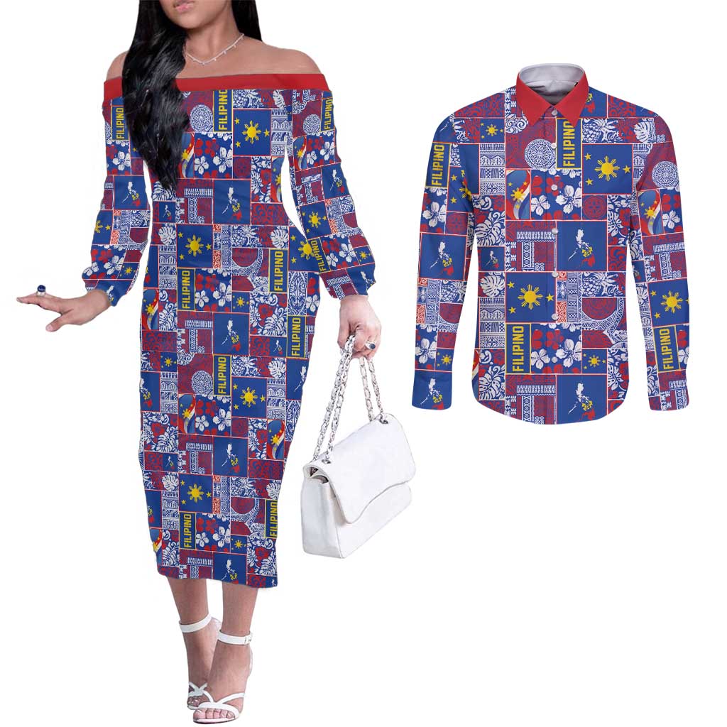 Filipino Maligayang Pasko Couples Matching Off The Shoulder Long Sleeve Dress and Long Sleeve Button Shirt Pacific Patchwork Xmas Vibes - Polynesian Pride