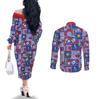 Filipino Maligayang Pasko Couples Matching Off The Shoulder Long Sleeve Dress and Long Sleeve Button Shirt Pacific Patchwork Xmas Vibes - Polynesian Pride