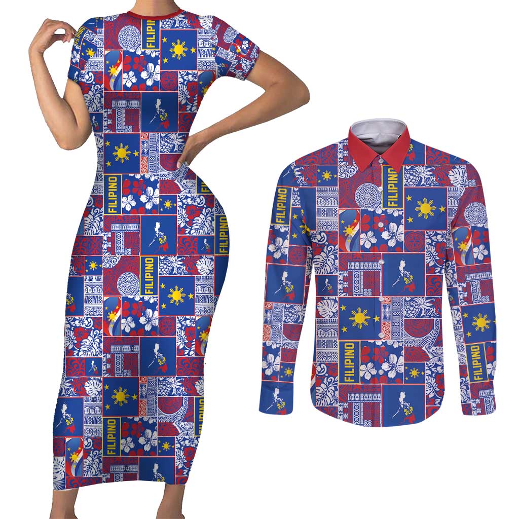 Filipino Maligayang Pasko Couples Matching Short Sleeve Bodycon Dress and Long Sleeve Button Shirt Pacific Patchwork Xmas Vibes - Polynesian Pride