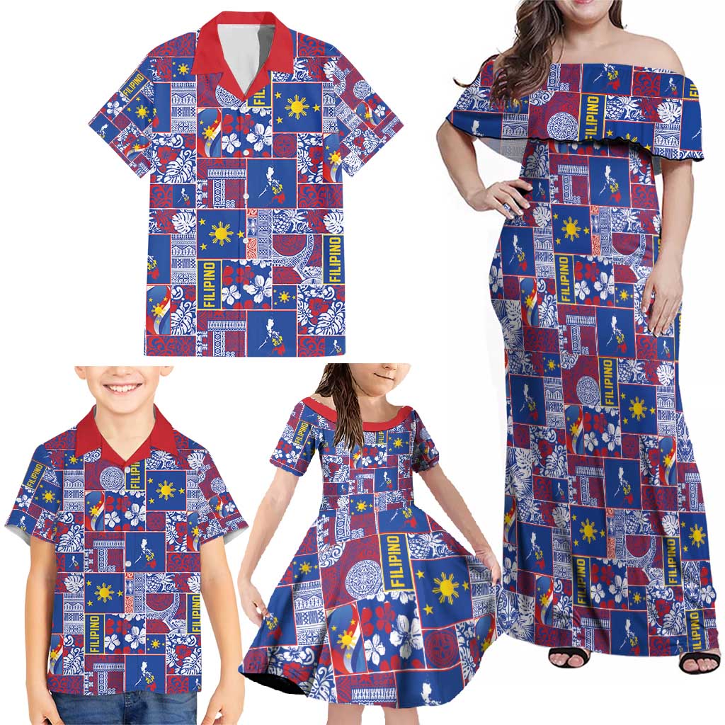 Filipino Maligayang Pasko Family Matching Off Shoulder Maxi Dress and Hawaiian Shirt Pacific Patchwork Xmas Vibes - Polynesian Pride