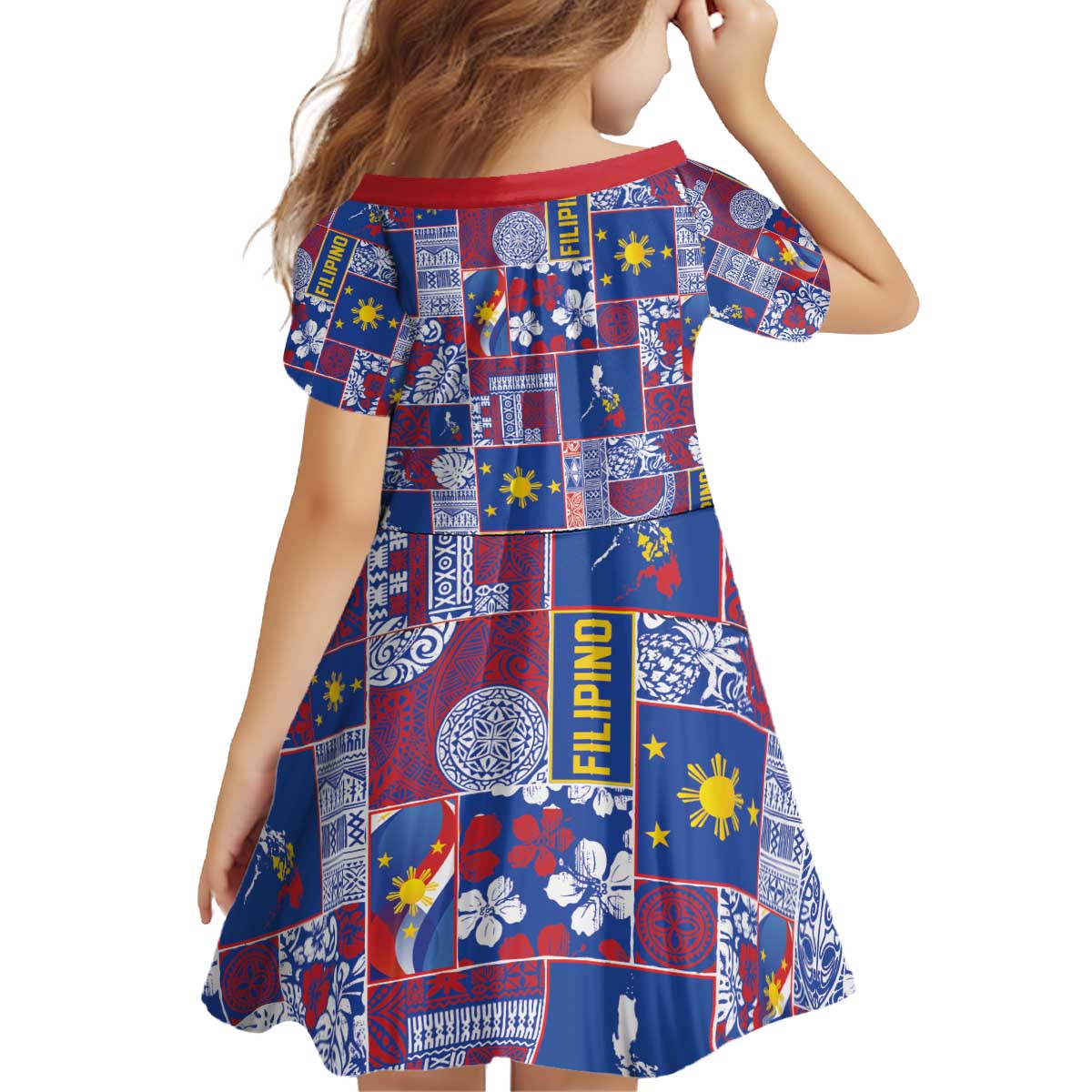 Filipino Maligayang Pasko Kid Short Sleeve Dress Pacific Patchwork Xmas Vibes - Polynesian Pride