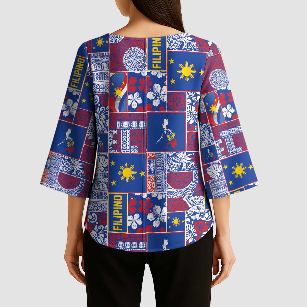Filipino Maligayang Pasko Kimono Sleeve Blouse Pacific Patchwork Xmas Vibes - Polynesian Pride